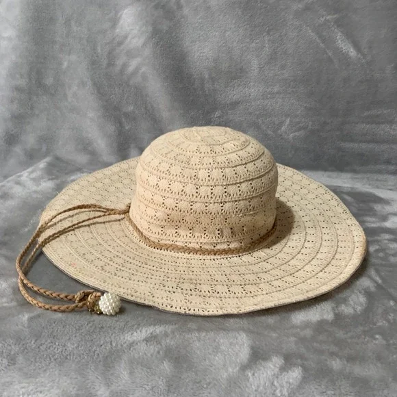 Somas Accessories Greece Beige Crochet Wide Brim Sun Hat Pearl Charm Sz 57 Lace - Picture 13 of 16
